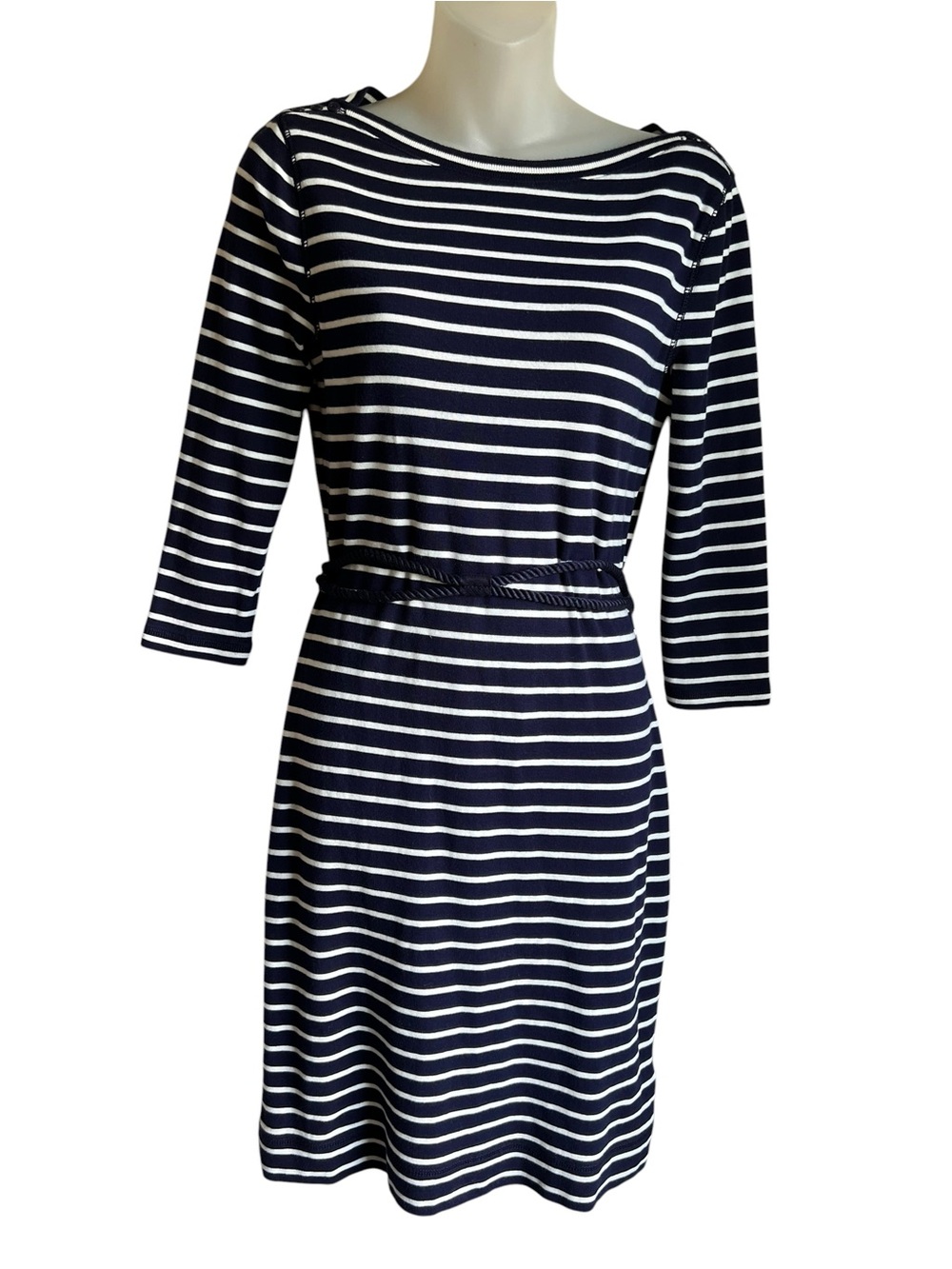 Lauren Ralph Lauren Dress Women Small Navy Stripe Belted Nautical Cotton Coastal